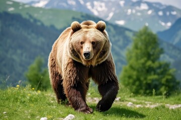 Brown bear moving on the green meadow in springtime nature.