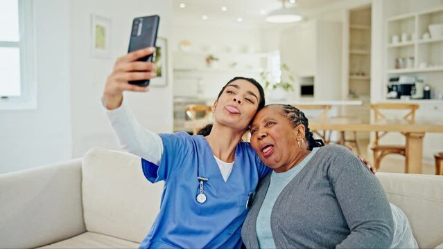 Mature patient, caregiver and selfie of happy people post tongue out, kiss pucker or memory photo to social network. Happiness, retirement client or volunteering nurse in nursing home profile picture