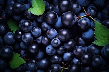 Fototapeta premium Flat lay background of vines, lots of organic blue dark grapes.