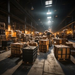 Boxes and cardboard in storage warehouses for export and import expeditions, good for business, sea, air and land shipping, blogs, etc. Generative Ai Image