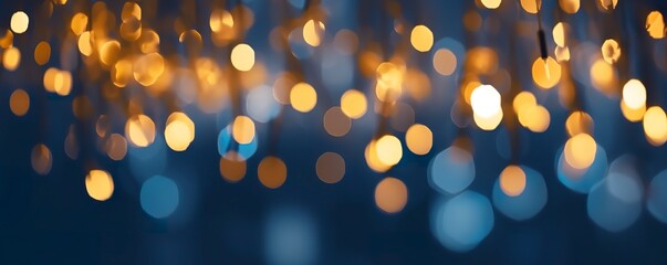 holiday illumination and decoration concept, Christmas garland bokeh lights over dark blue background. - obrazy, fototapety, plakaty