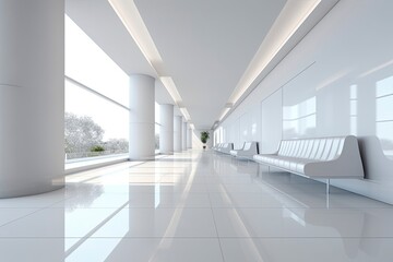 Interior design of a modern luxurious white building corridor or hallway with waiting seat.