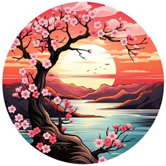 Cherry blossoms in the sunset background. Japanese tattoo style.