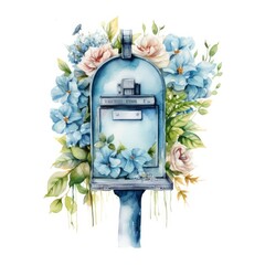 Watercolor light blue floral mailbox on a white background.