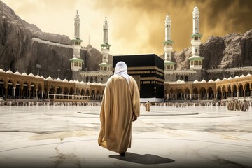 Man in pilgrim performing haj or umrah in front of kaaba, Mecca