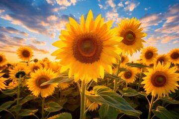 Obraz premium Sunflowers turning toward the sun in the soft morning light.