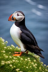 Naklejka premium Puffin bird on a green grass patch.