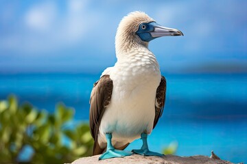 Fototapeta na wymiar The rare blue-footed booby rests on the beach.