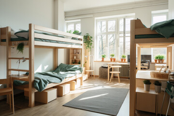 Modern interior of a room with bunk beds for several people in a student dorm or campus.