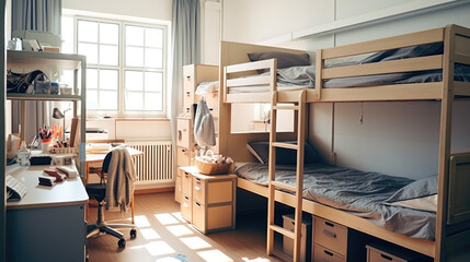 interior of a room for a student with a bunk bed and a desk in a campus or student dormitory - obrazy, fototapety, plakaty