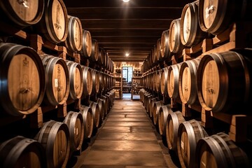 Wooden oak Port barrels in neat rows.
