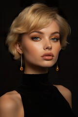 a blond woman with gold earrings in a black top, light orange and light brown, bold shadows, shiny eyes, light emerald, and light brown, golden age aesthetics