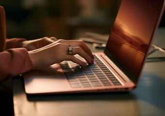 Female typing on laptop keyboard. Closeup shot, chatting, Blogger, journalist writing. Generative AI