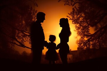 Obraz premium Shadow of Happy family together, parents with their little baby at sunset. A Silhouette of Love and Unity.