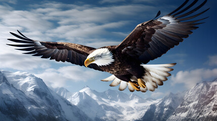 Bald Eagle Soaring Over Snowy Mountains - obrazy, fototapety, plakaty