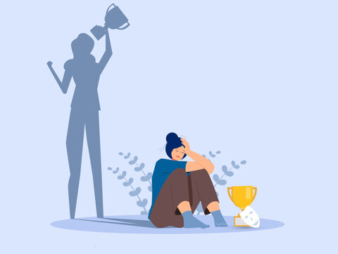 Imposter syndrome.shadow woman standing for her present profile take award with Anxiety and lack of self confidence at work; the person fakes is someone else concept. vector