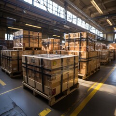Boxes and cardboard in storage warehouses for export and import expeditions, good for business, sea, air and land shipping, blogs, etc. Generative Ai Image