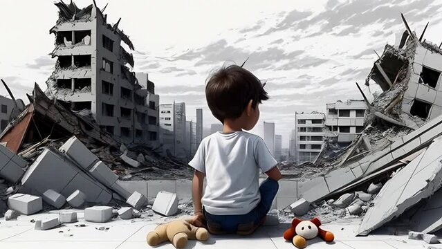 Desolate cityscape with a lone child symbolizing hope and resilience in the face of overwhelming adversity.

