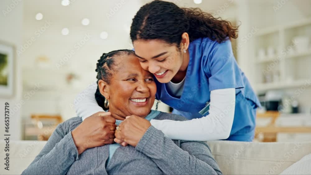 Wall mural Retirement, hug and elderly woman with caregiver for bonding, wellness and care in home. Nursing, healthcare and happy senior person with nurse in living room friendship, rehabilitation and helping