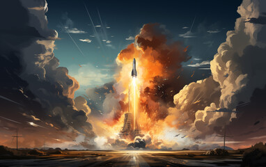 rocket is being ejected from the launch pad, start up concept - obrazy, fototapety, plakaty