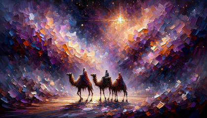Heavenly Kings: The Three Wise Men on a Celestial Odyssey Guided by the Bethlehem Star - obrazy, fototapety, plakaty