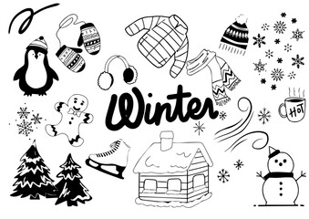 simple black and white hand drawn of winter doodle