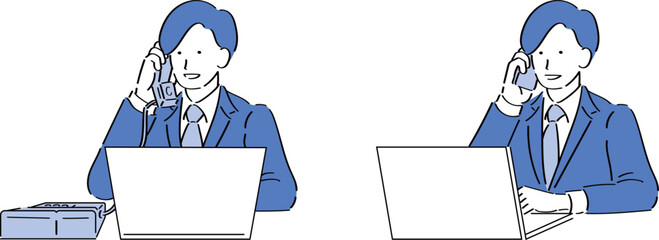 PCを操作しながら電話するスーツ男性