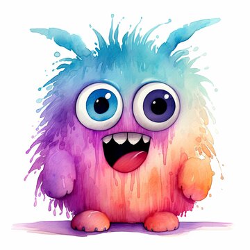 Watercolor cute monster on white background.