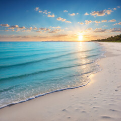 Beach with white sand and clear blue sea at sunset. You can see the reflection of sunlight on the water. very quiet without people. eye level view