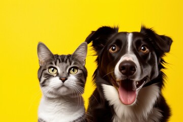  Cat and dog together with happy expressions on yellow background.