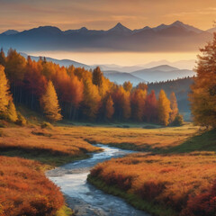 nature outdoor fall automn landscape background with mountains and field forest