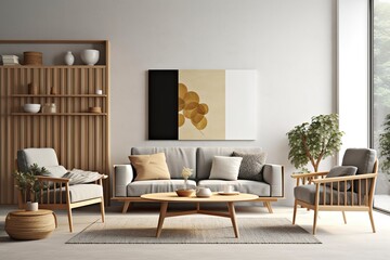 Interior of light living room with grey sofas, wooden armchair, and coffee table.