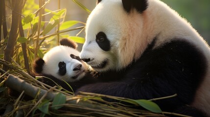 Mother Panda and her baby Panda are hugging and eating bamboo.