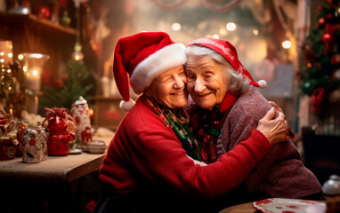 Fototapeta na wymiar two old women embracing at christmastime. Family celebrating xmas with love, affection, togetherness and support. Ai generated