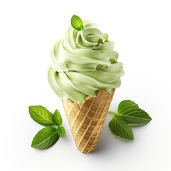 Matcha ice cream dessert on white background.