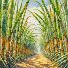 Sugar cane stalks with sugar cane plantation background. - obrazy, fototapety, plakaty