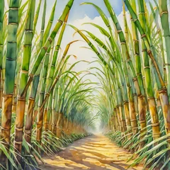 Foto op Canvas Sugar cane stalks with sugar cane plantation background. © jianghaistudio