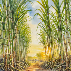 Sugar cane stalks with sugar cane plantation background. - obrazy, fototapety, plakaty