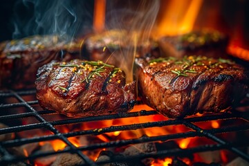 Meat grilling on a charcoal grill with smoke rising..