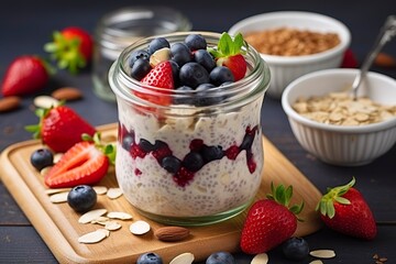 Mixed berries overnight oats with almond flakes in a glass jar, healthy breakfast.