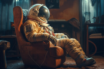 Sci-fi, fantasy, science, fine art concept. Astronaut in spacesuit sitting on armchair or couch in living room - obrazy, fototapety, plakaty
