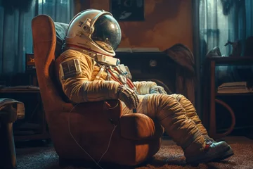 Poster Sci-fi, fantasy, science, fine art concept. Astronaut in spacesuit sitting on armchair or couch in living room © Rytis