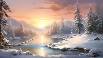 Fototapeta premium A Snowy Symphony, Sunlight Dances on Glistening Snowflakes