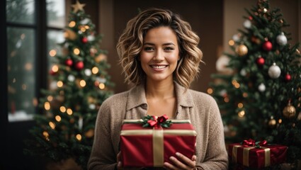 Happy Woman holding christmas gift with Christmas tree in background