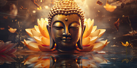 Buddha golden statue decorated with lotus blossoms