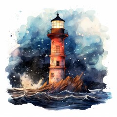 Lighthouse beside the sea at Night. watercolor for T-shirt design.