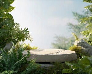Stone product display podium for cosmetic product with green nature garden background.