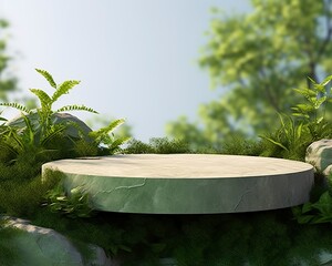 Stone product display podium for cosmetic product with green nature garden background.