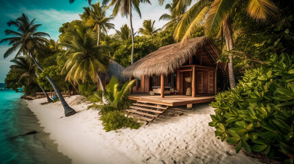 Fototapeta na wymiar Bungalow in tropical beach. Cozy wooden touristic cabin. AI Generated
