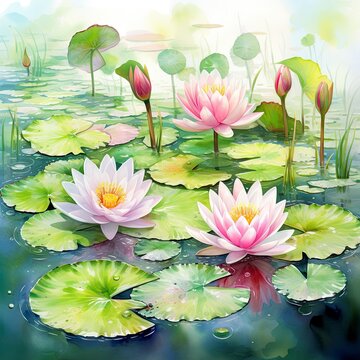 Water Lily in Pond. Watercolor design.